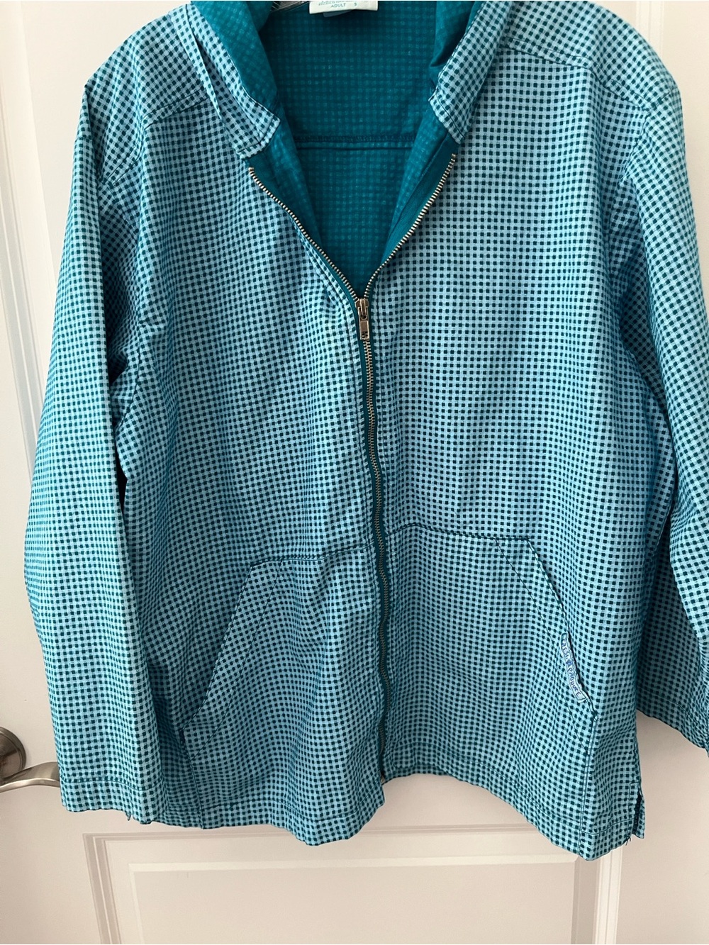 Fresh Produce Teal Micro-Check Zip Front Hoodie Jacket Cotton NWOT SZ S Boxy
